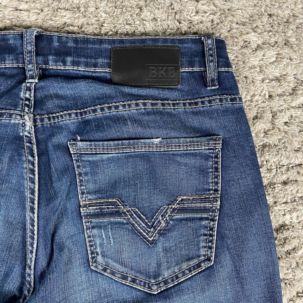 BKE‎ Derek Bootleg Jeans Mens 31S Blue Denim Stretch Faded Distressed Casual
